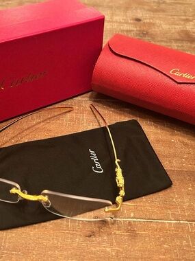 Cartier Gold Rimless Glasses with Red Case and Black Pouch